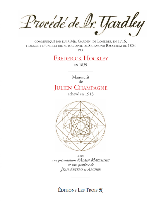 Image de la première de couverture du livre "Procédé de Mr. Yardley" par Frederick Hockley et manuscrit de Julien Champagne.